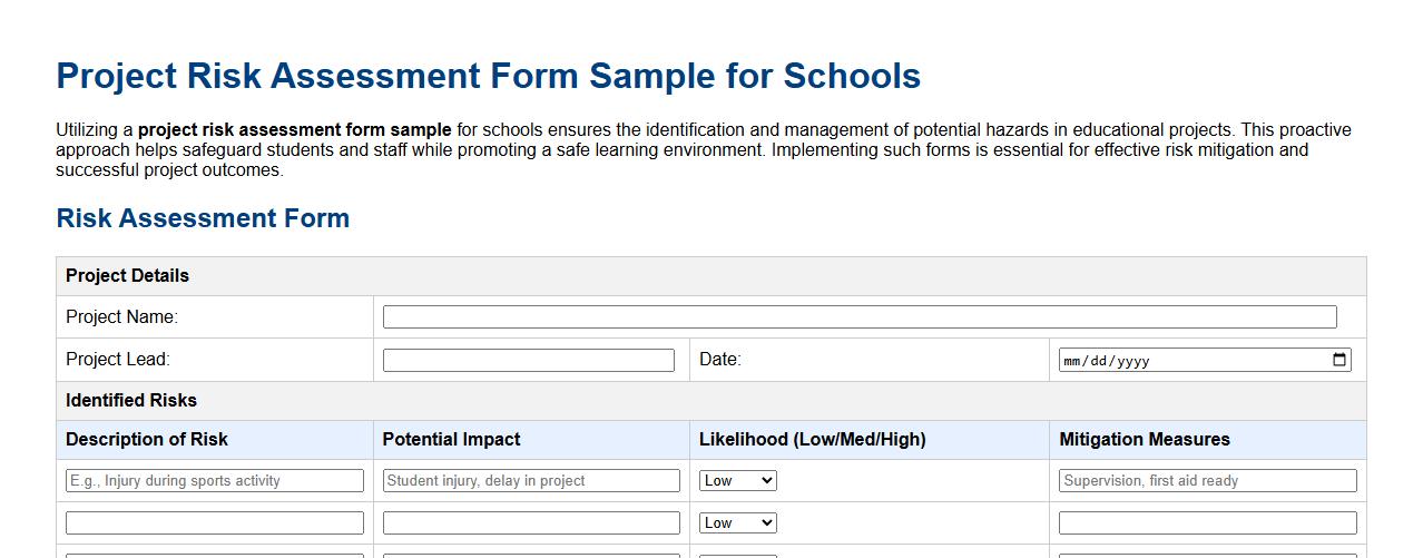 Project risk assessment form sample for schools image preview