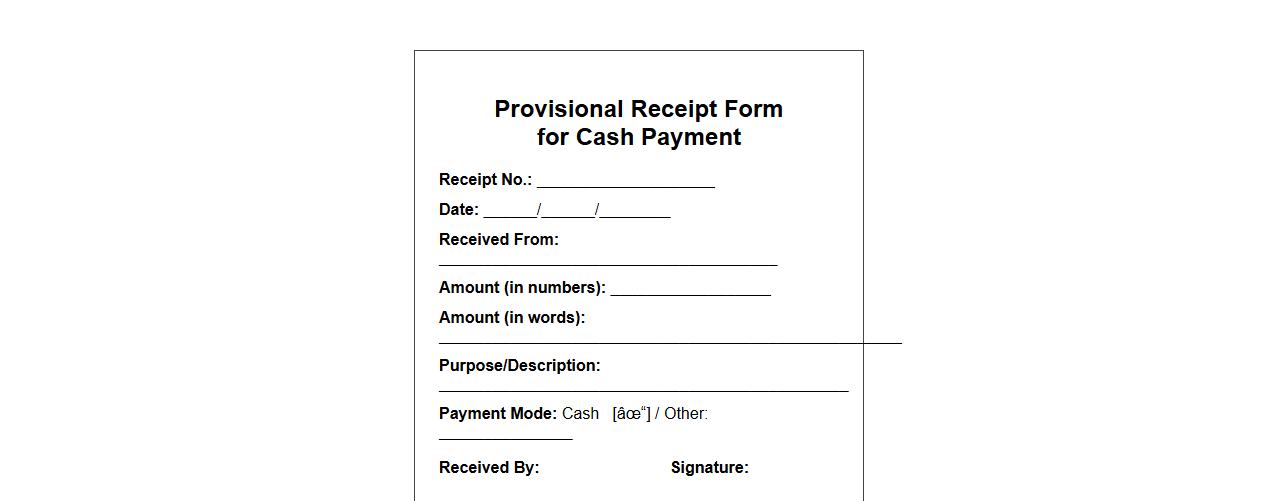 Provisional receipt form sample for cash payment image preview