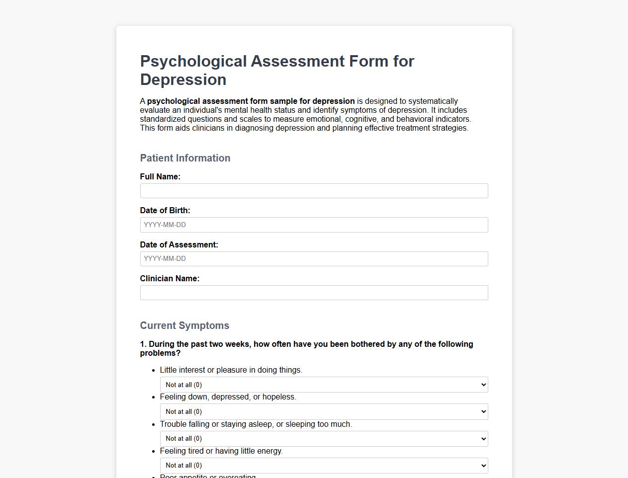Psychological assessment form sample for depression image preview