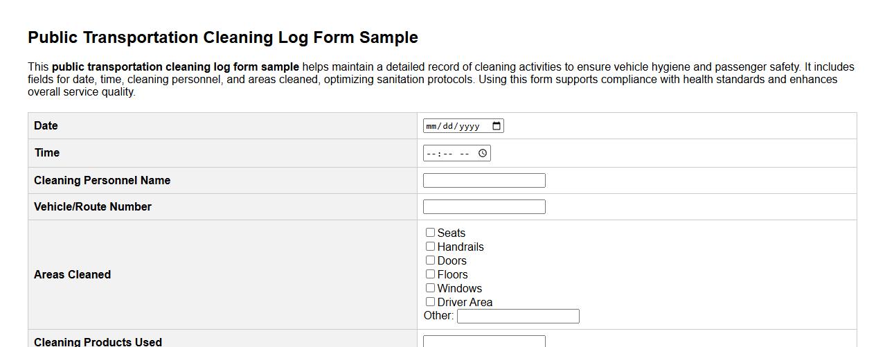 Public transportation cleaning log form sample image preview