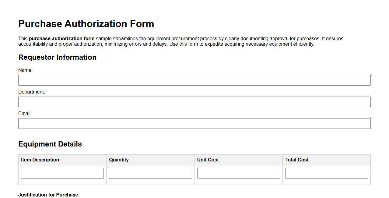 Purchase authorization form sample for equipment procurement image preview