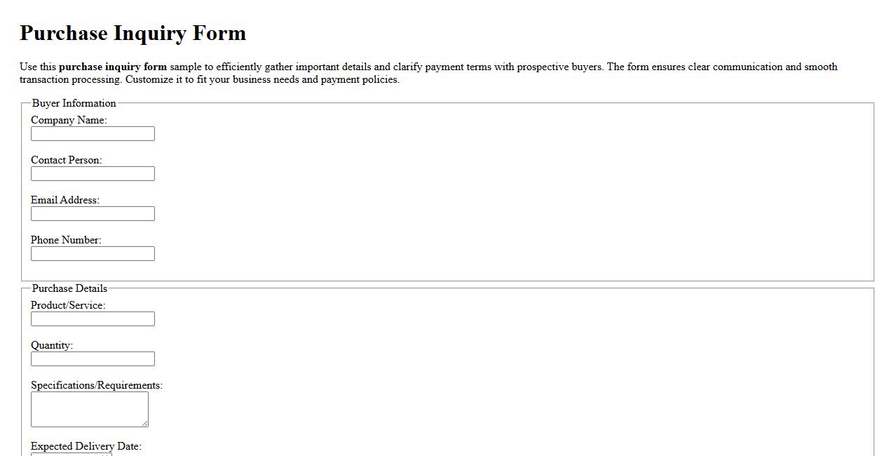 Purchase inquiry form sample with payment terms image preview