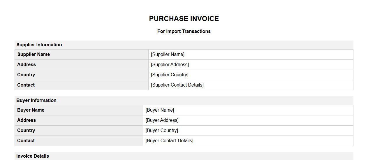 Purchase invoice format for import transactions image preview
