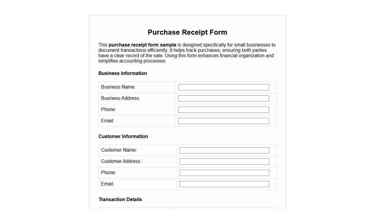 Purchase receipt form sample for small business image preview