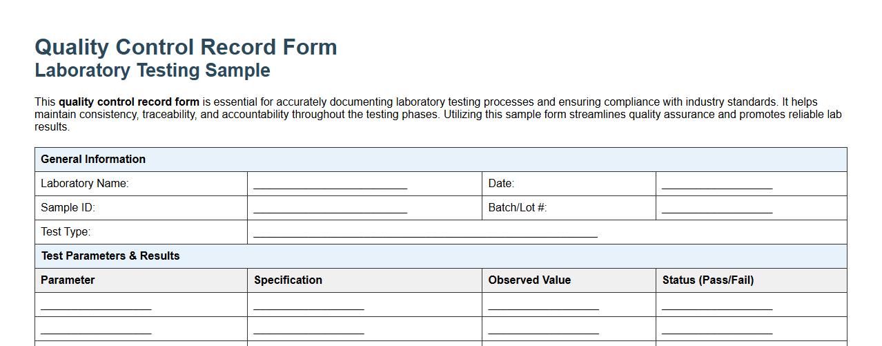 Quality control record form sample for laboratory testing image preview