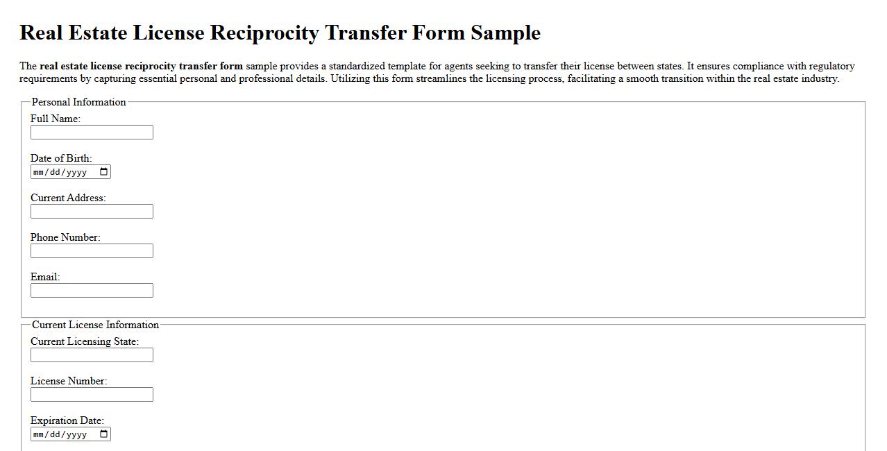 Real estate license reciprocity transfer form sample image preview