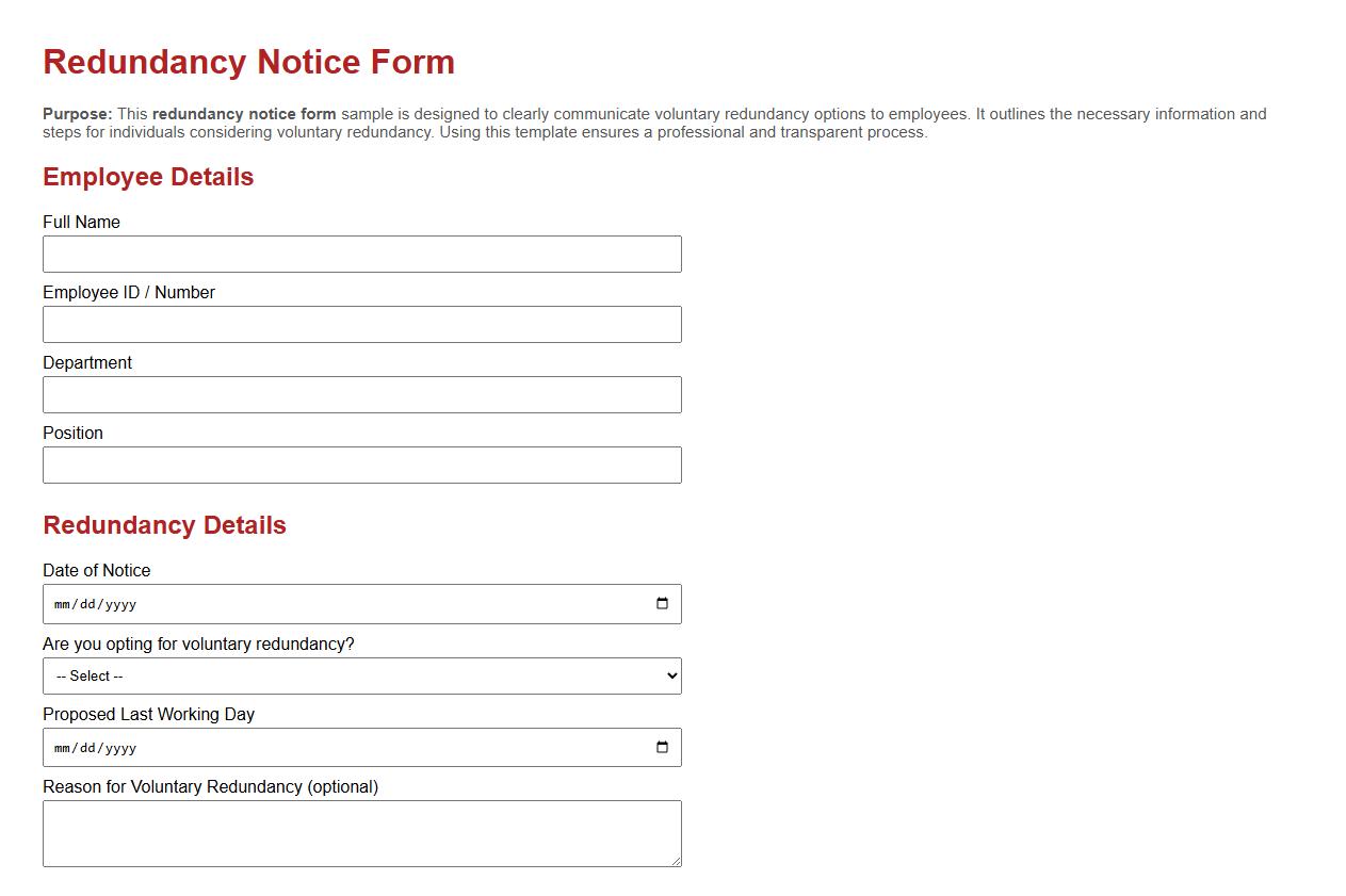 Redundancy notice form sample for voluntary redundancy image preview