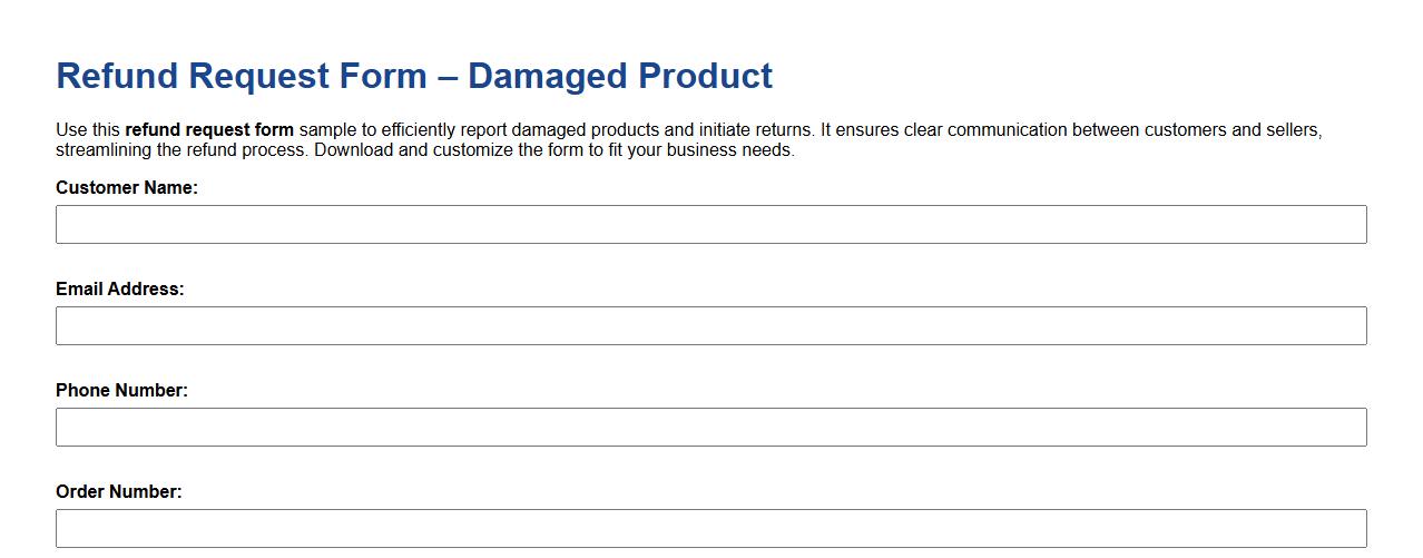 Refund request form sample for damaged product image preview