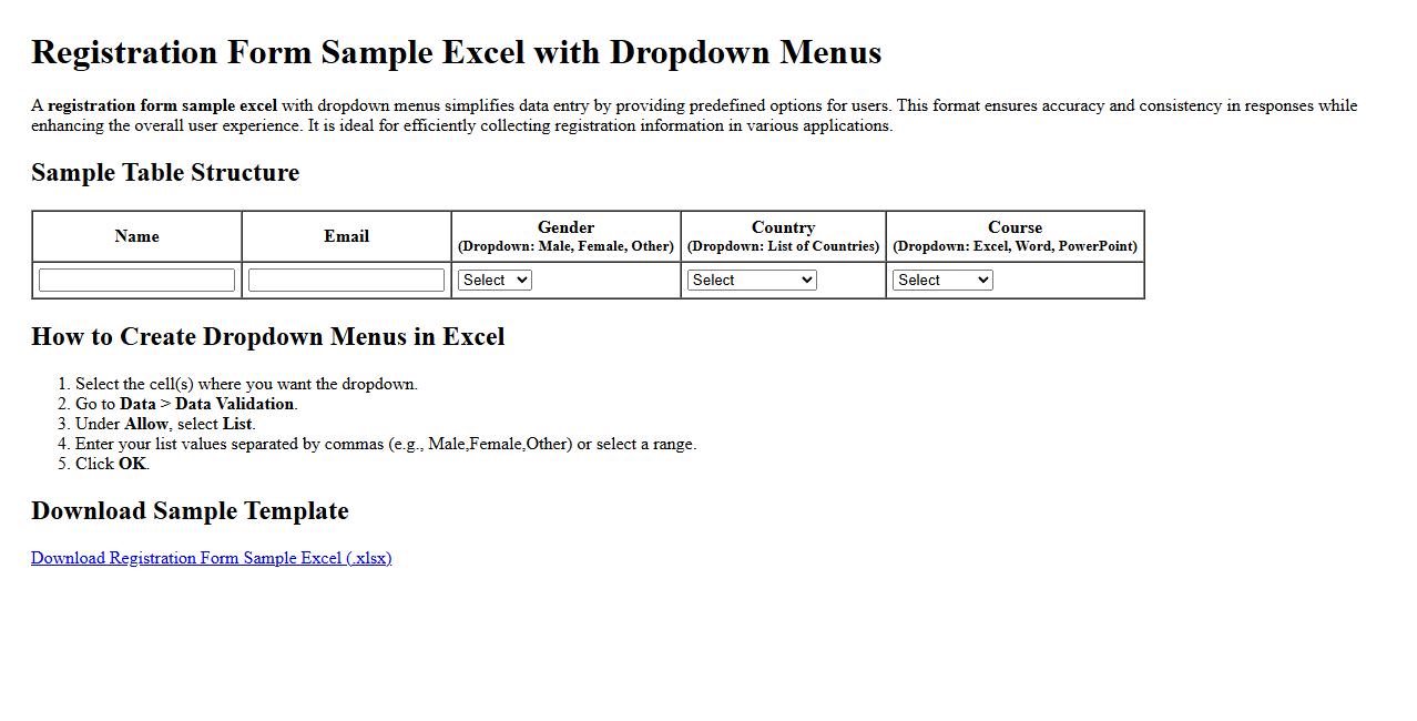 Registration form sample excel with dropdown menus image preview