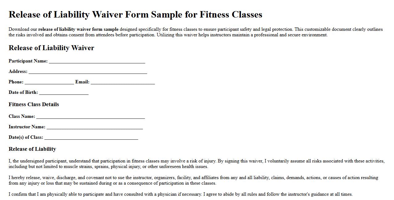 Release of liability waiver form sample for fitness classes image preview