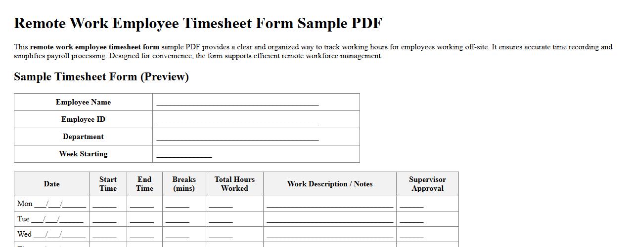 Remote work employee timesheet form sample PDF image preview
