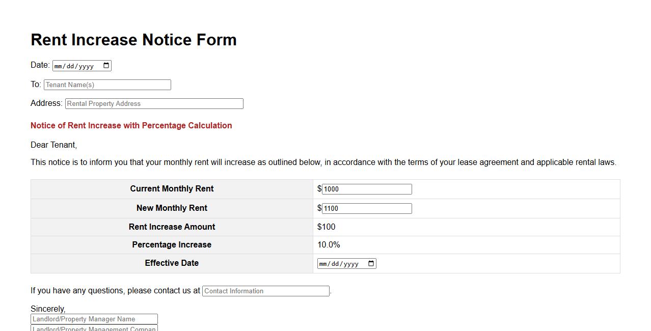 Rent increase notice form sample with percentage calculation image preview