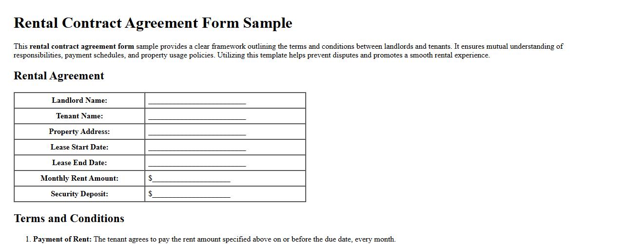Rental contract agreement form sample with terms and conditions image preview