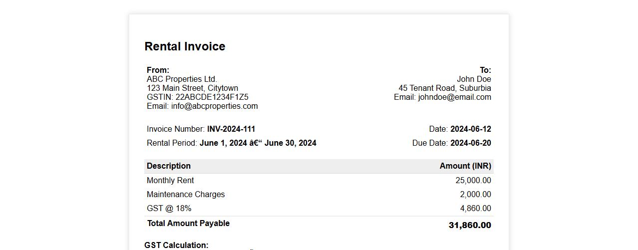 rental invoice example with GST calculation image preview