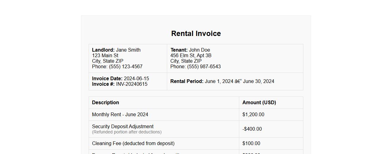 rental invoice example with security deposit adjustment image preview