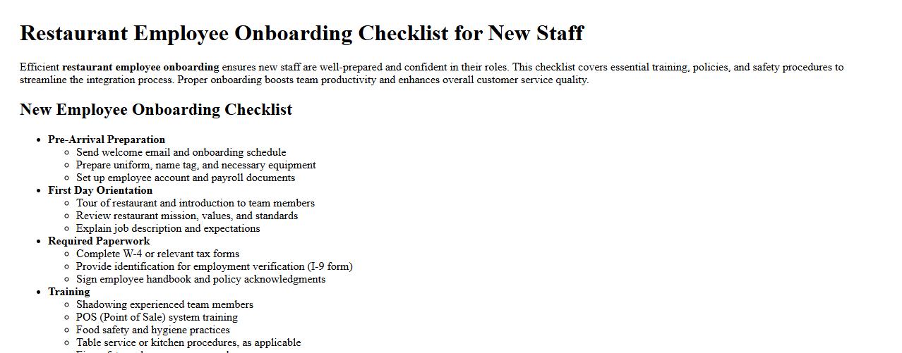 Restaurant employee onboarding checklist for new staff image preview