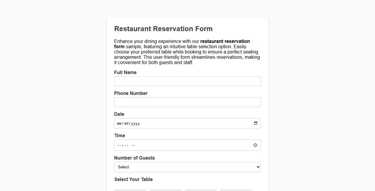Restaurant reservation form sample with table selection option image preview