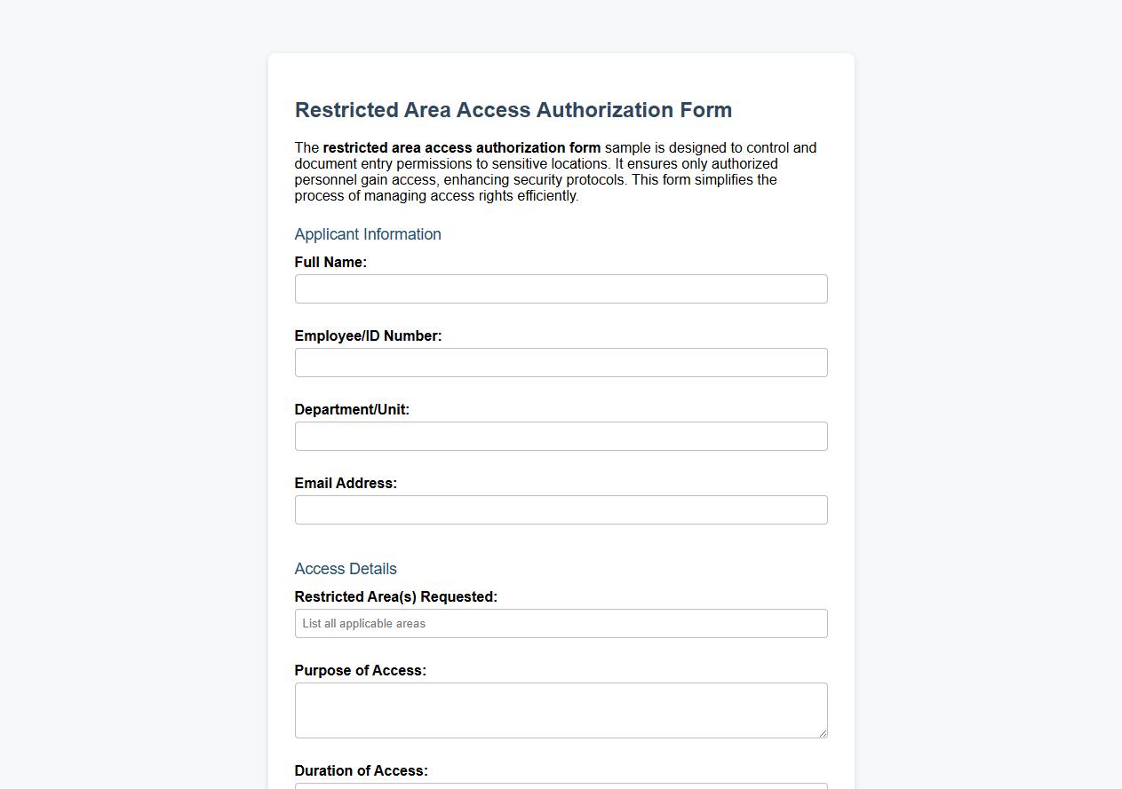 restricted area access authorization form sample image preview