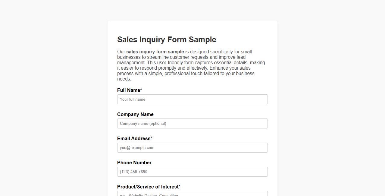 sales inquiry form sample for small businesses image preview