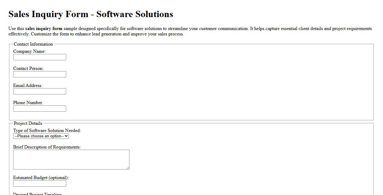 sales inquiry form sample for software solutions image preview