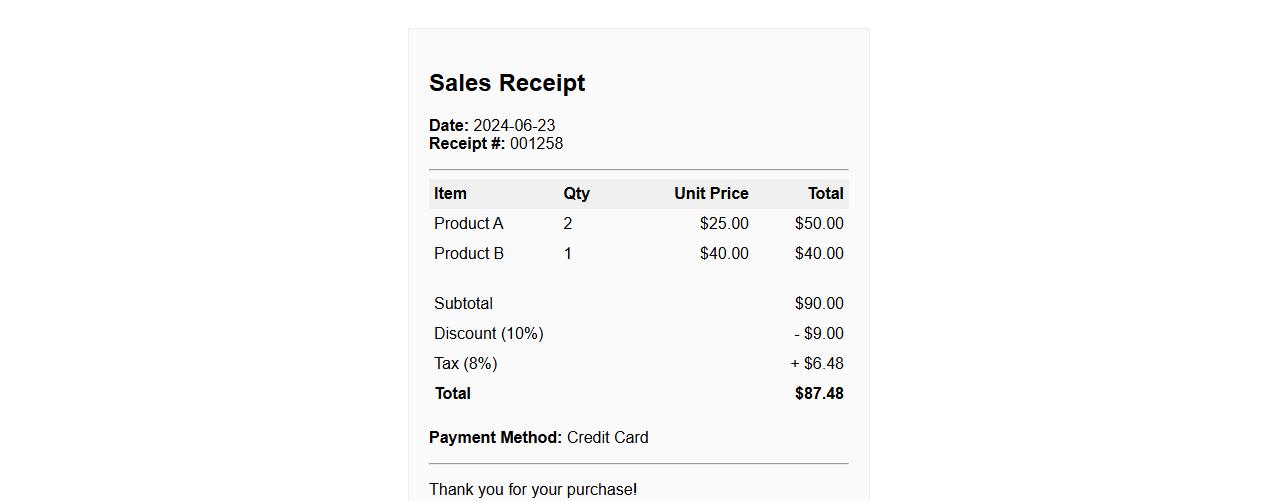 Sales receipt format including tax and discount image preview