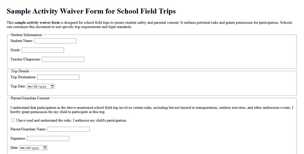 Sample activity waiver form for school field trips image preview