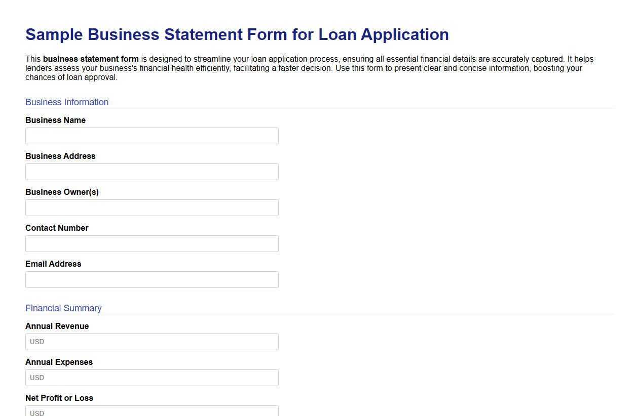 Sample business statement form for loan application image preview