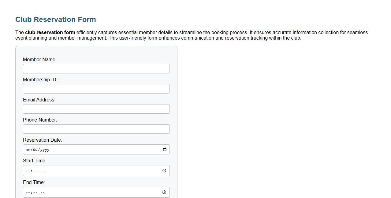 Sample club reservation form with member details image preview