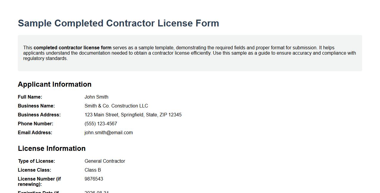 Sample completed contractor license form image preview