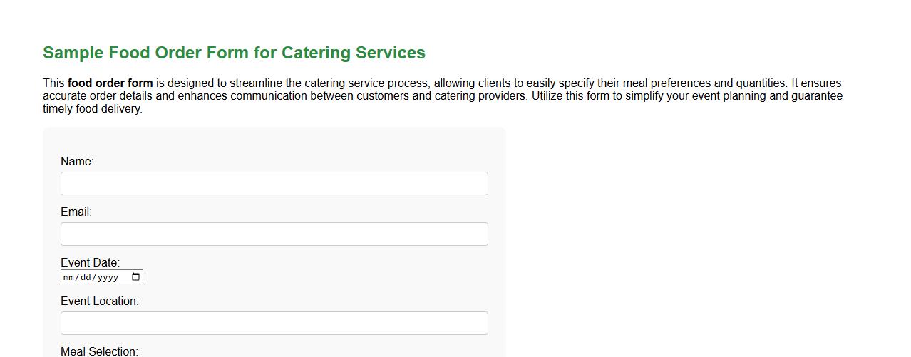Sample food order form for catering services image preview