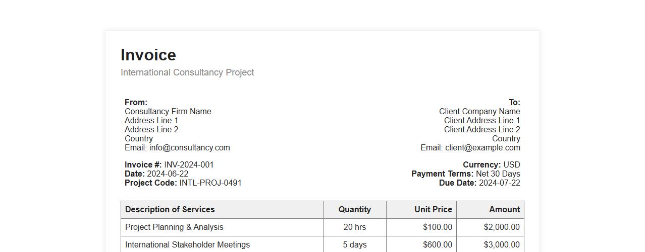 sample invoice form for international consultancy projects image preview