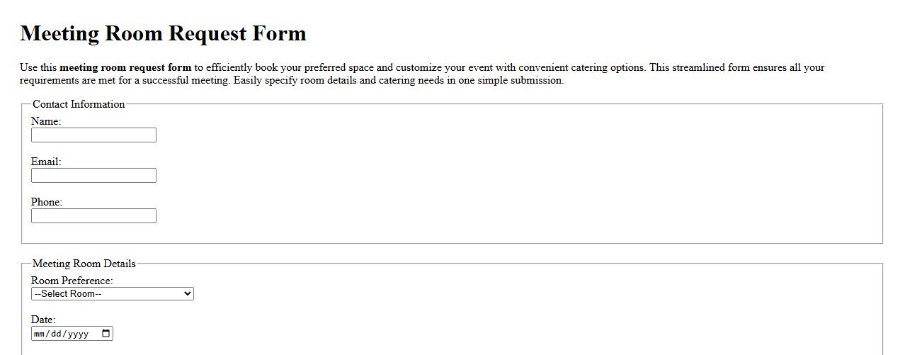 Sample meeting room request form with catering option image preview
