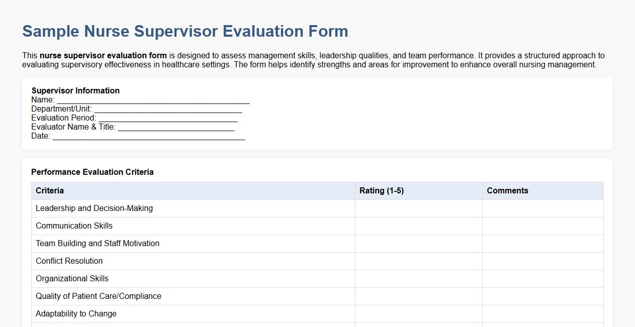 Sample nurse supervisor evaluation form for management assessment image preview