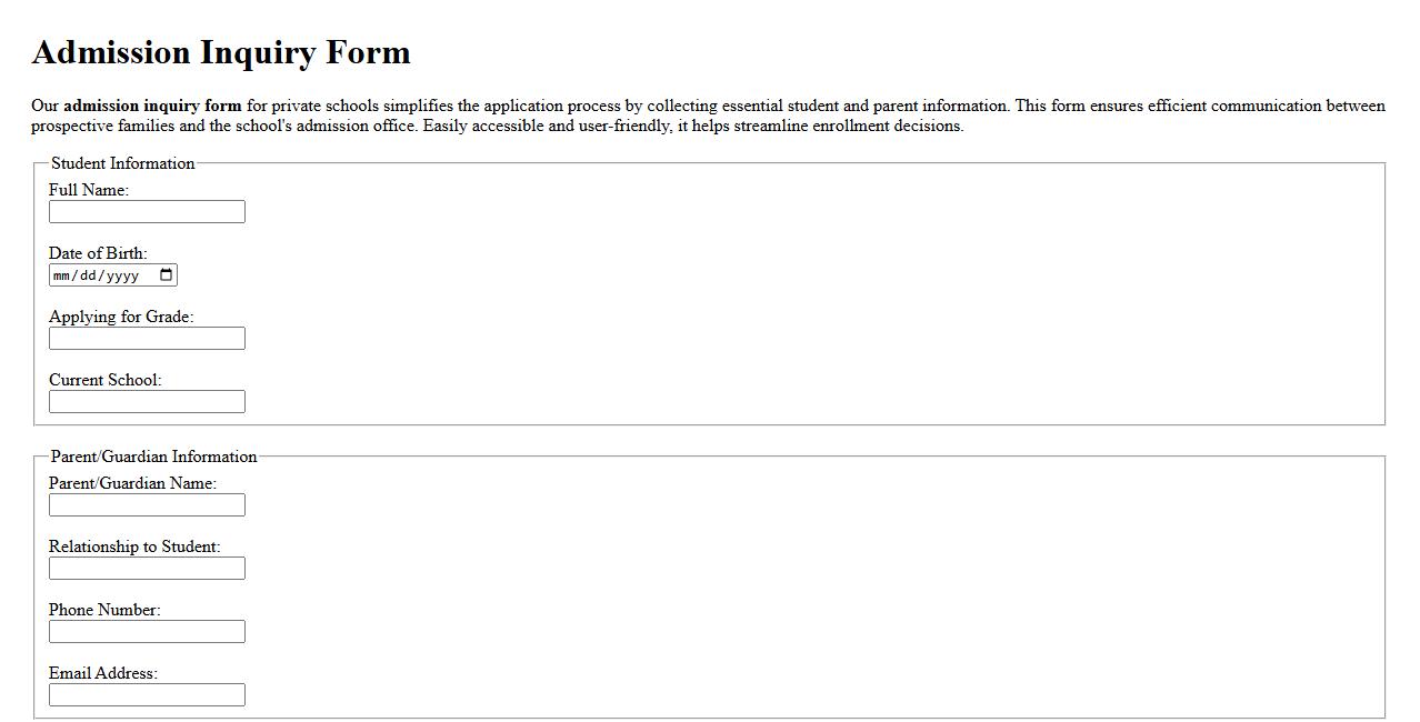 sample of admission inquiry form for private schools image preview