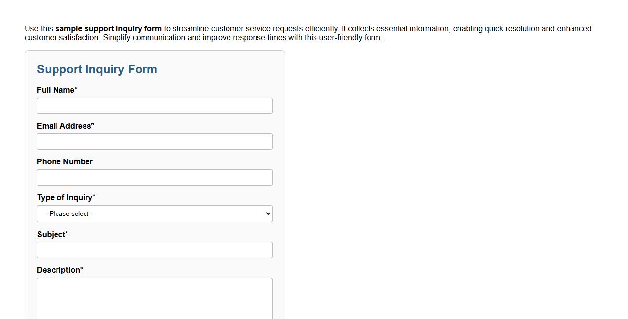 sample support inquiry form for customer service image preview