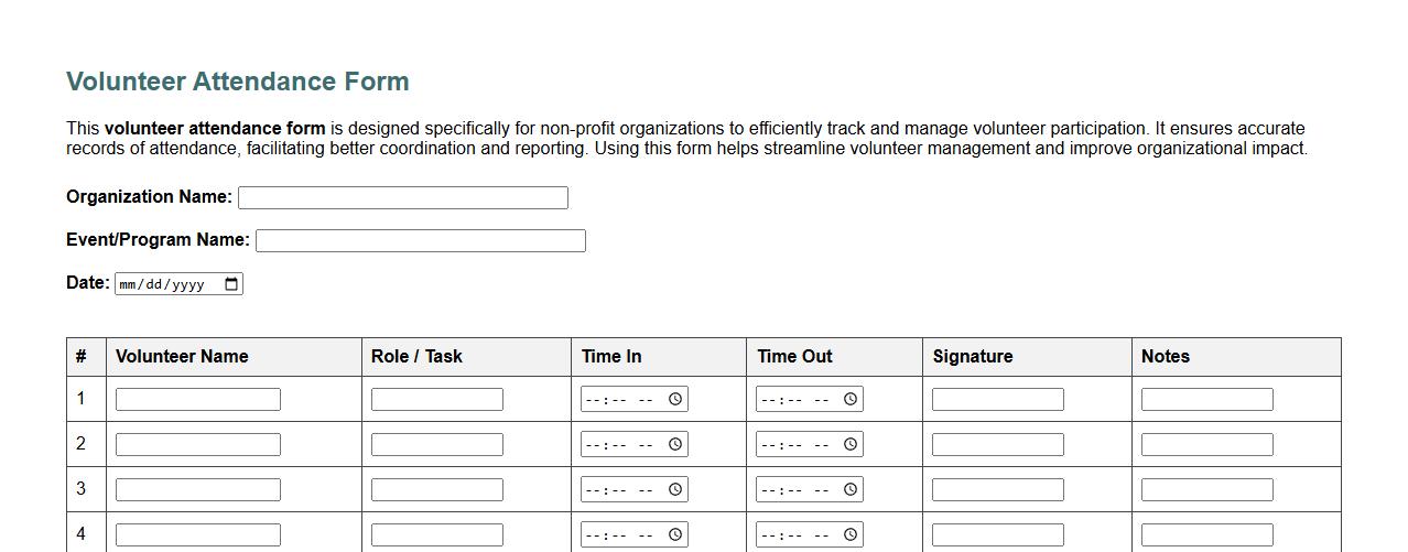 sample volunteer attendance form for non profit organization image preview