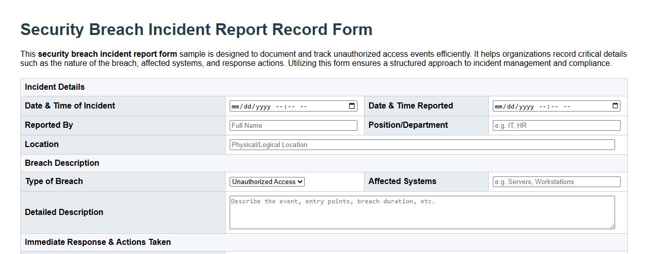 security breach incident report record form sample image preview