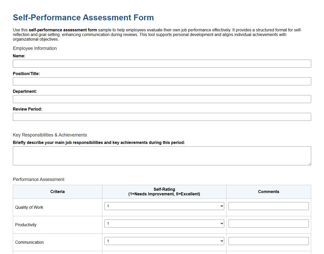 Self-performance assessment form sample for employees image preview