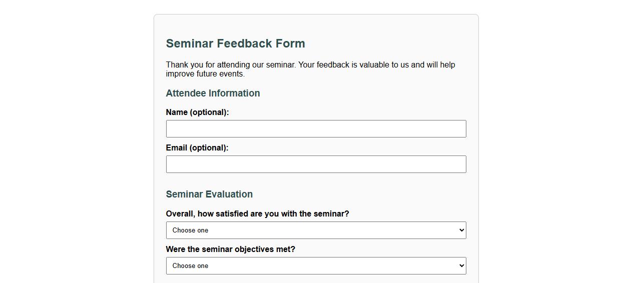 seminar feedback form sample including speaker evaluation image preview