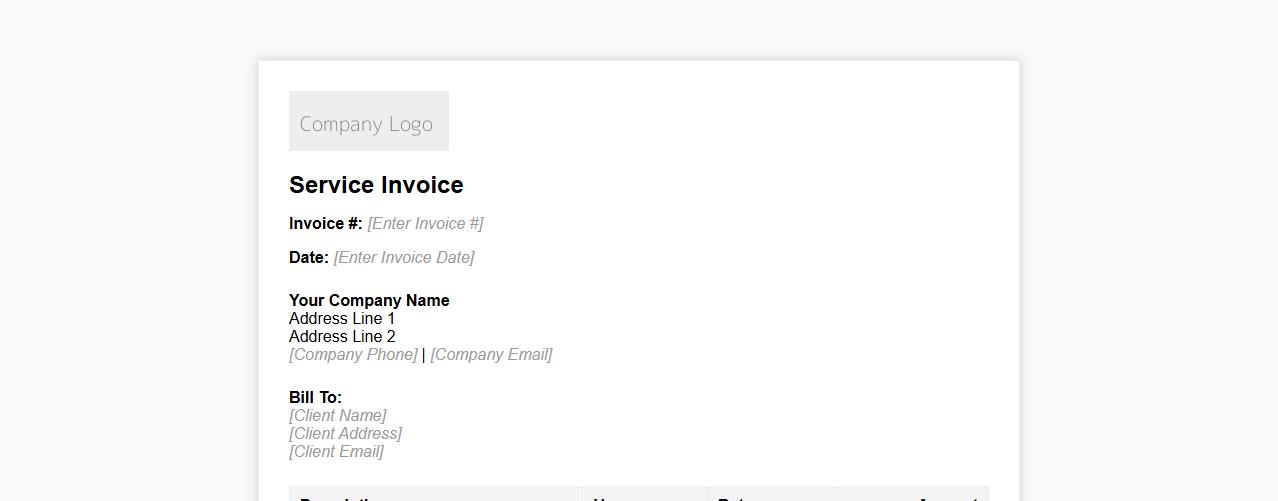 Service invoice form sample template with company logo image preview