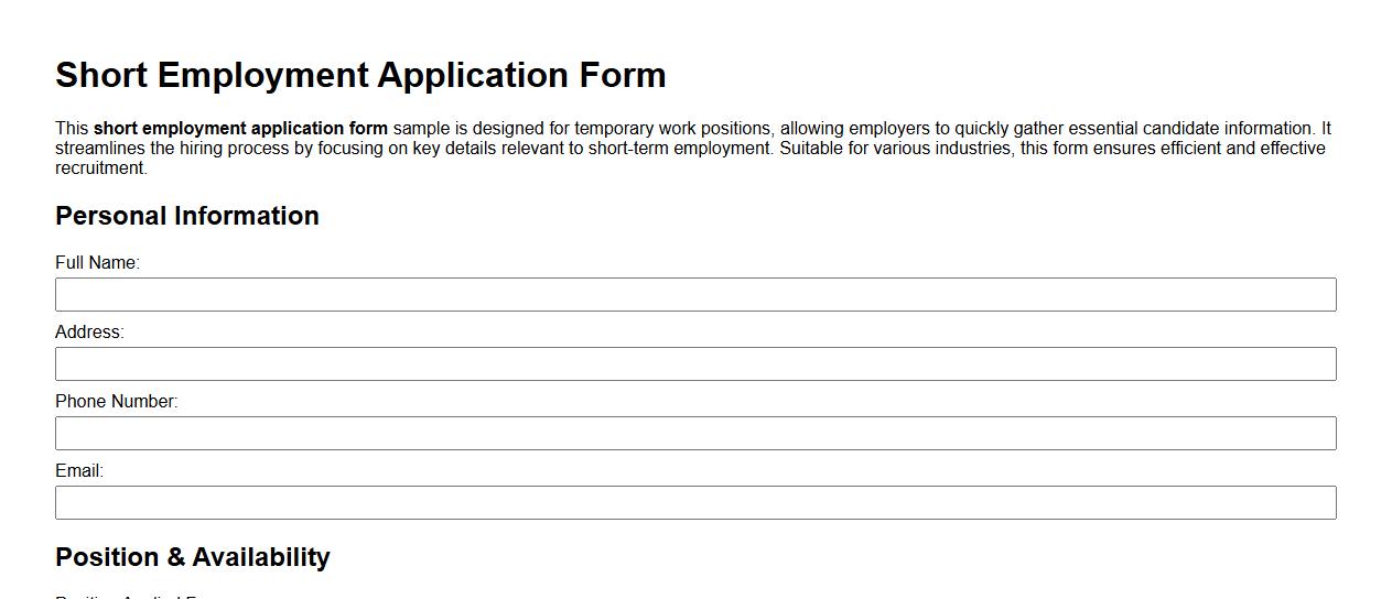 Short employment application form sample for temporary work image preview