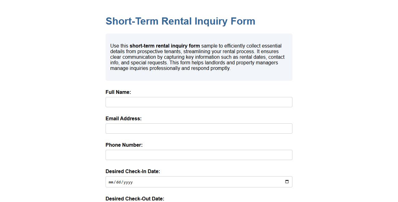 short-term rental inquiry form sample image preview