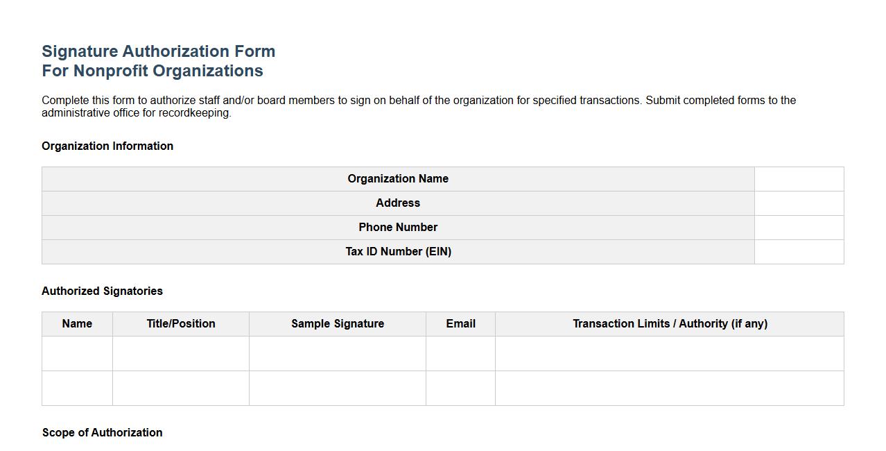 signature authorization form sample for nonprofit organizations image preview