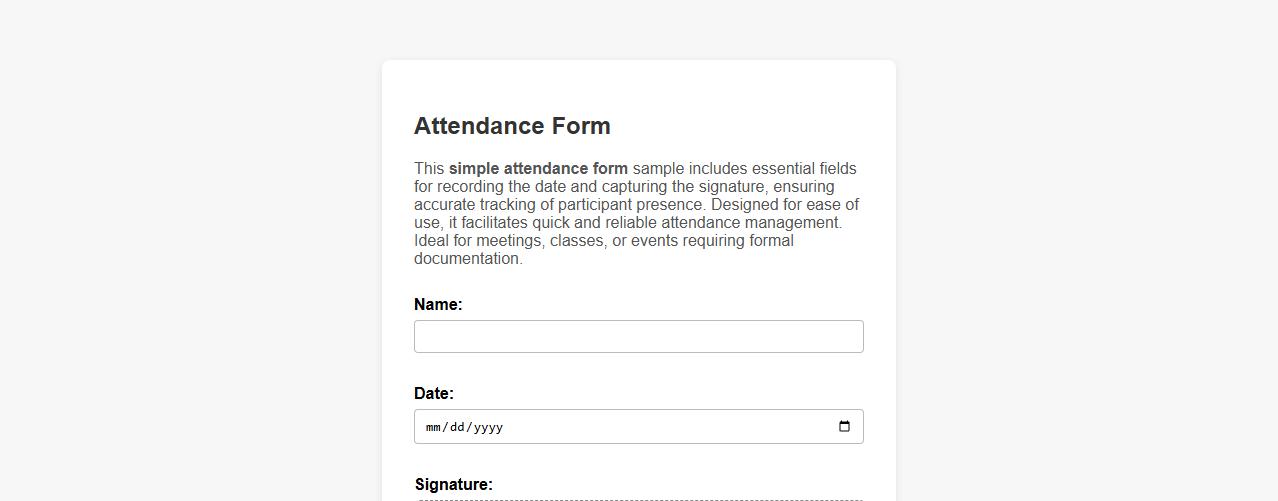 Simple attendance form sample with date and signature image preview