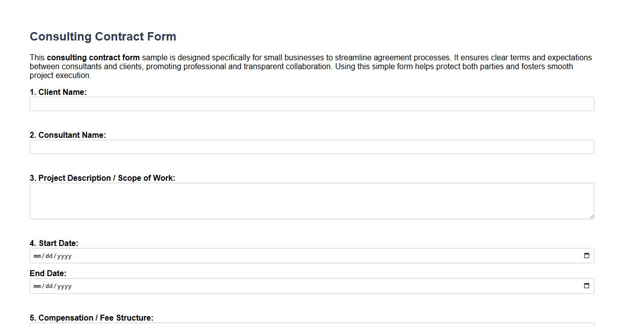 simple consulting contract form sample for small businesses image preview