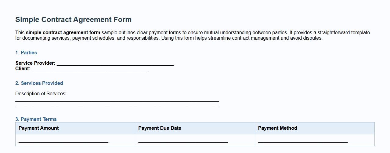 Simple contract agreement form sample with payment terms image preview