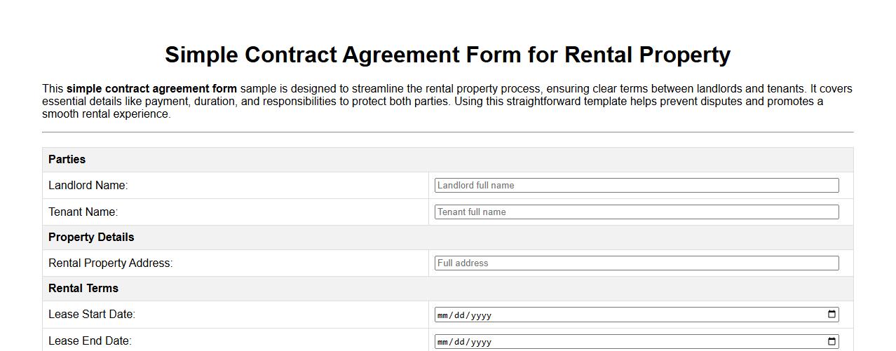 Simple contract agreement form sample for rental property image preview