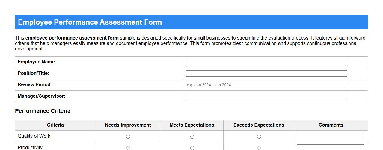 simple employee performance assessment form sample for small business image preview