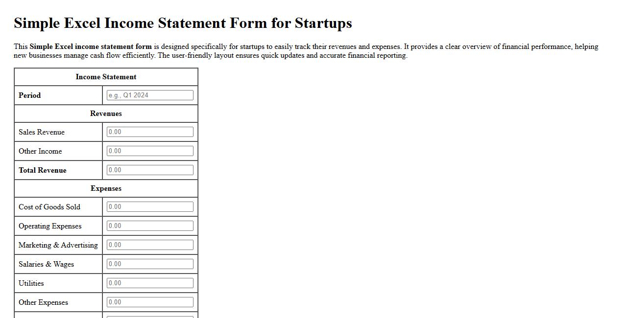Simple Excel income statement form for startups image preview