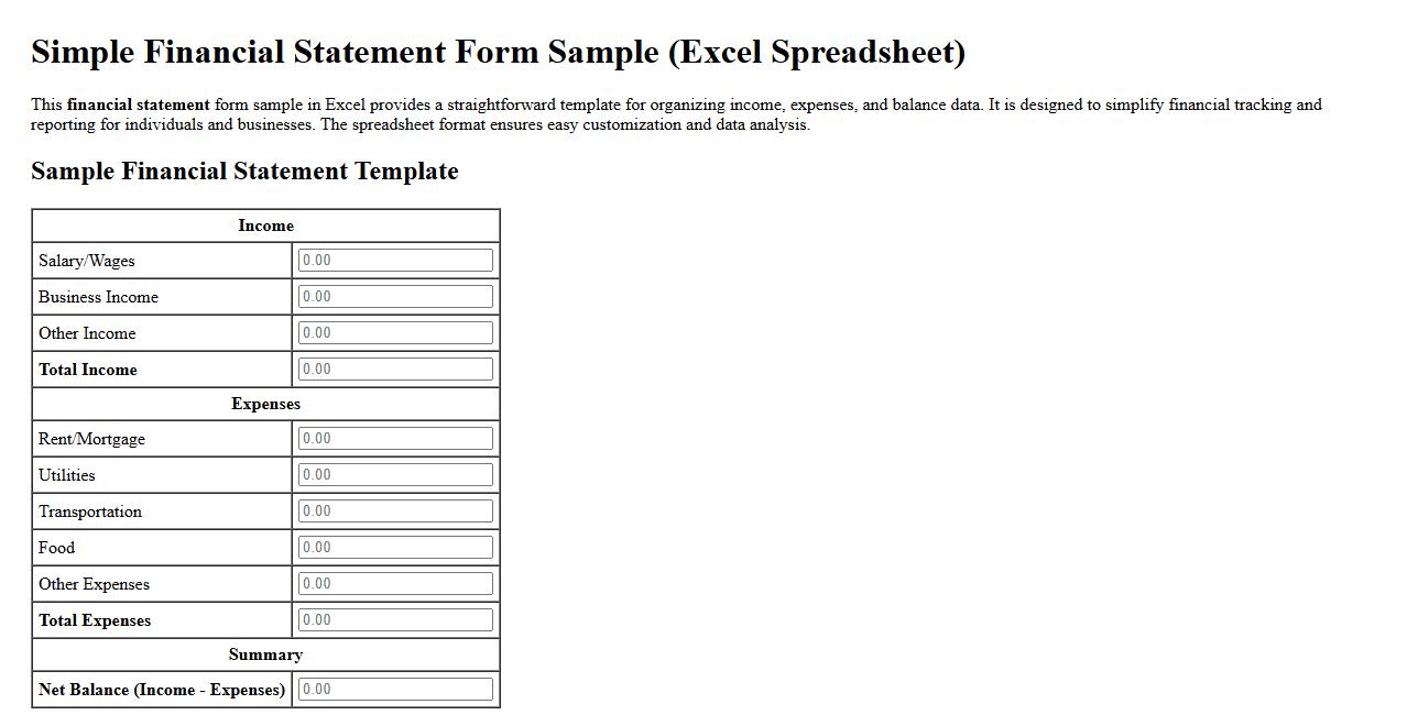 Simple financial statement form sample excel spreadsheet image preview